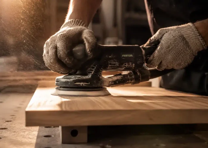 Ponçage d'une pièce en bois avant finition