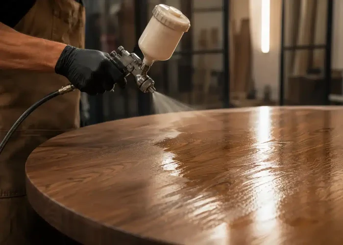 Application de vernis sur mobilier en bois